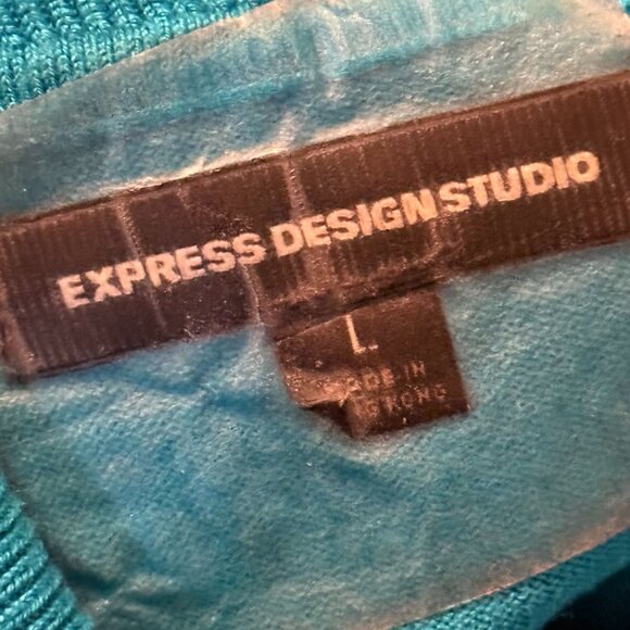 Express Design Studio Blue Puff Sleeve Mock Neck Sweater Top L Y2K Retro Ribbed - Picture 2 of 9